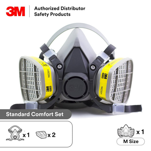 3M Half Face piece Reusable Respirator 6200/07025(AAD), Respiratory Protection, Medium Combo with 6003 Cartridge (1 set)