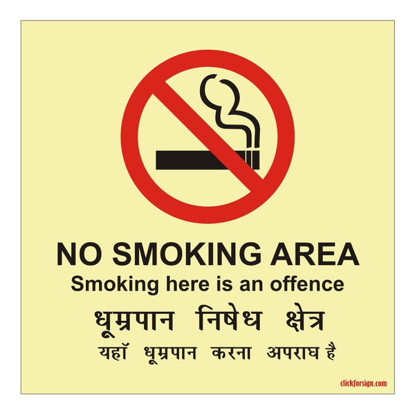 Glow in Dark No Smoking Area Prohibition Sign Board for Walls and Doors, 200 x 200 mm
